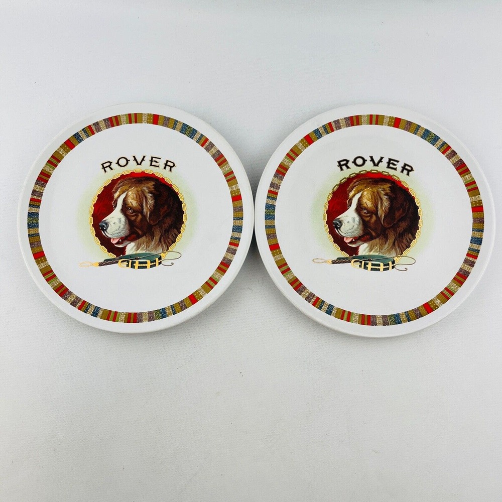 Pottery Barn Rover Fireside Club Salad Plate Lot of 2 Dog Multicolor Stripe Trim
